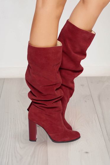 Leather Boots, Burgundy casual boots chunky heel natural leather - StarShinerS.com