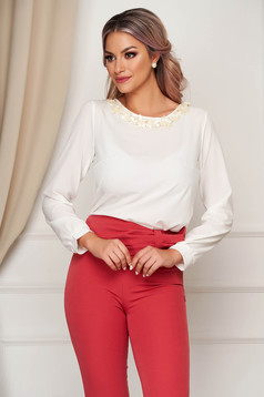 StarShinerS white women`s blouse office flared with floral details thin fabric
