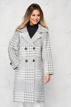 Palton SunShine gri elegant din lana cu croi larg in carouri