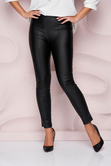 Ecological leather trousers, Casual black StarShinerS trousers from ecological leather with tented cut high waisted - StarShinerS.com
