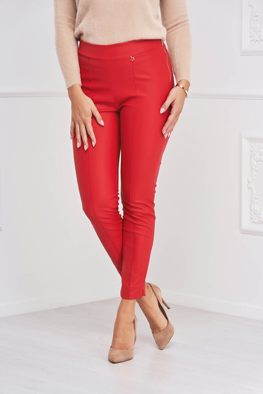 Ecological leather trousers, Casual red StarShinerS trousers from ecological leather with tented cut high waisted - StarShinerS.com