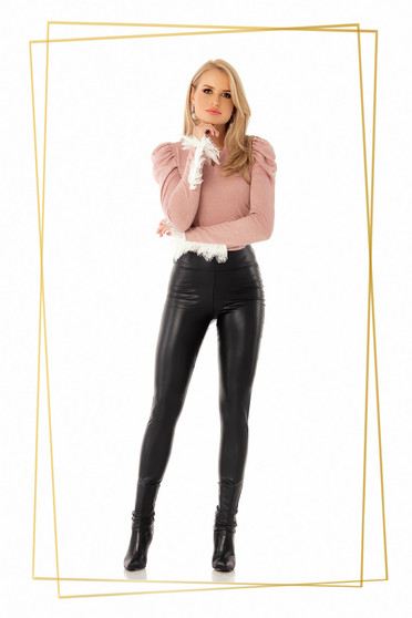 Ecological leather leggings, Tights black from ecological leather with tented cut with inside lining high waisted - StarShinerS.com