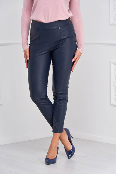Ecological leather trousers, Casual darkblue StarShinerS trousers from ecological leather with tented cut high waisted - StarShinerS.com