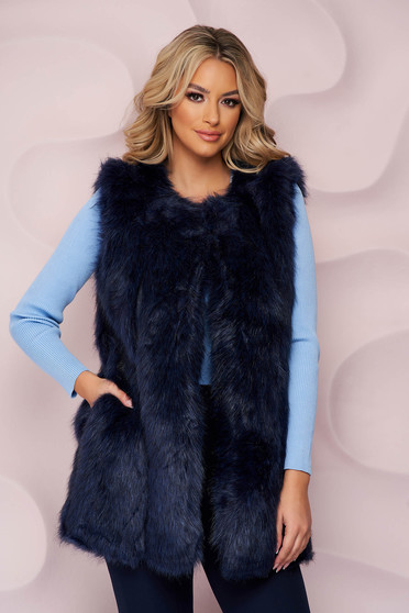 Coats & Jackets, Darkblue gilet from ecological fur with inside lining with straight cut - StarShinerS.com