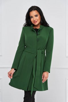 Cloche with inside lining accessorized with tied waistband elegant with bow green overcoat