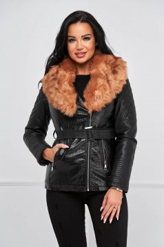 Black jacket from ecological leather from ecological fur