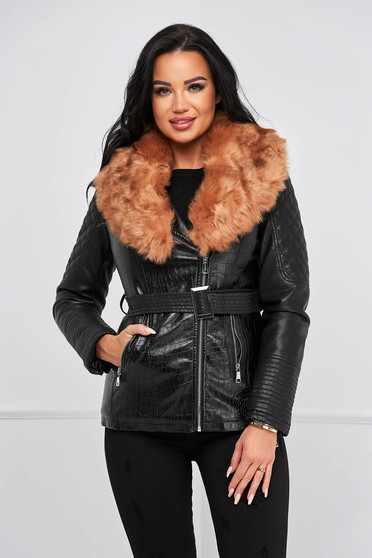 Sales furs, Black jacket from ecological leather from ecological fur - StarShinerS.com