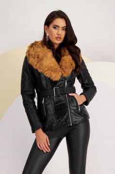 Black faux leather jacket with faux fur collar
