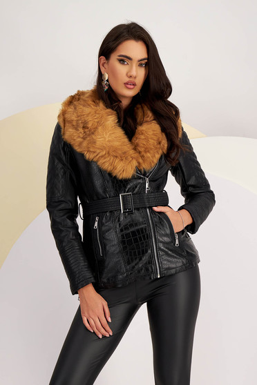 Sales jackets, Black faux leather jacket with faux fur collar - StarShinerS.com