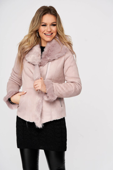 Geaca SunShine roz-deschis din piele intoarsa ecologica captusita cu insertii cu blana artificiala