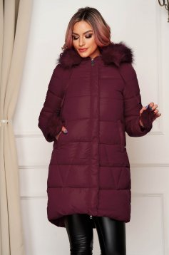 Jacket burgundy from slicker with furry hood with pockets long with tassels