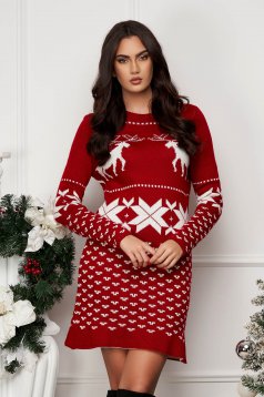 Red Knit Short Dress with a Straight Cut and Festive Print - SunShine
