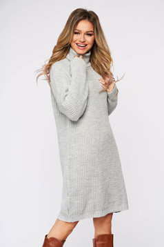 Rochie SunShine casual gri din material tricotat pe gat cu croi larg