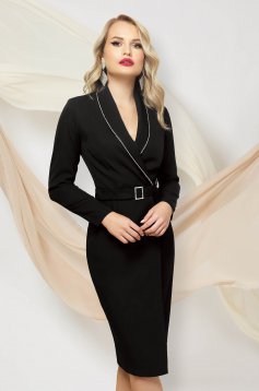 Midi dress occasional black blazer type wrap over front with crystal embellished details accessorized with belt