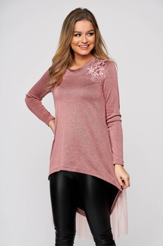 Women`s blouse StarShinerS lightpink asymmetrical flared with net accessory with crystal embellished details