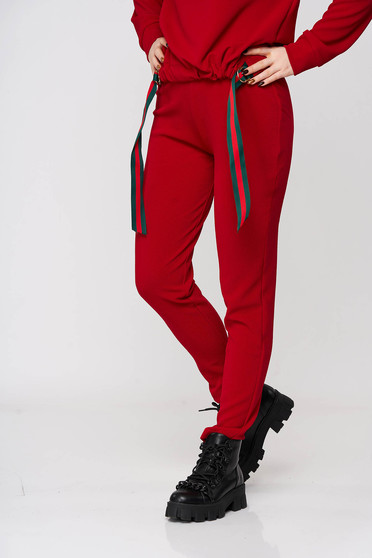 Pantaloni cu talie inalta rosu, Pantaloni din material elastic rosii conici cu elastic in talie - StarShinerS - StarShinerS.ro