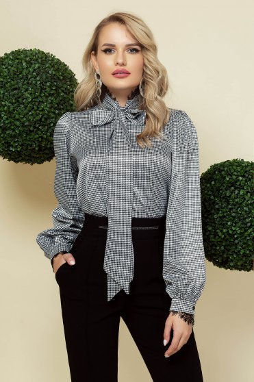 Black women`s blouse office from satin fabric texture dogtooth high collar