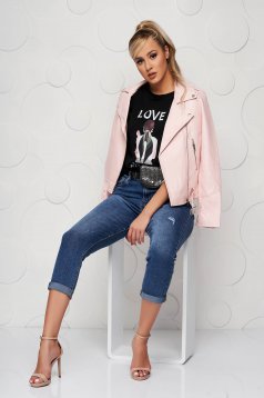 Pink from ecological leather casual short cut jacket accessorized with belt