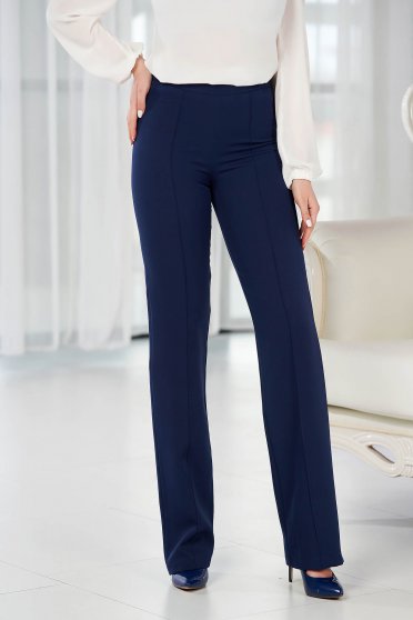 Pantaloni Dama  eleganti, Pantaloni din stofa usor elastica bleumarin lungi evazati cu talie inalta - StarShinerS - StarShinerS.ro