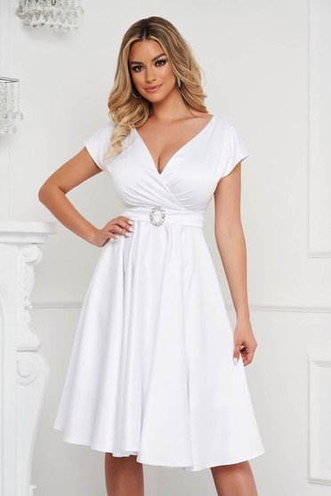 Civil wedding dresses, White taffeta midi flared dress with crossover neckline - PrettyGirl - StarShinerS.com
