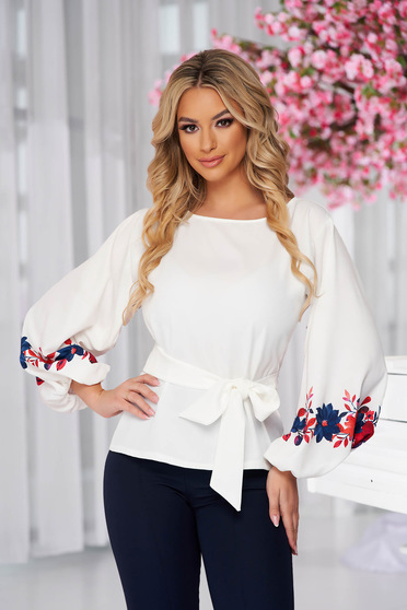 StarShinerS ivory women`s blouse elegant with straight cut with puffed sleeves soft fabric with floral print