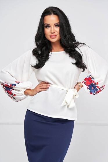 Long sleeves blouses, - StarShinerS ivory women`s blouse with straight cut with puffed sleeves georgette - StarShinerS.com