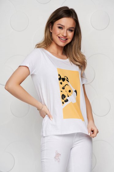 Casual T-shirts, White t-shirt loose fit cotton with rounded cleavage - StarShinerS.com