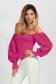 Fuchsia women`s blouse elegant asymmetrical tented with puffed sleeves from satin fabric texture 1 - StarShinerS.com