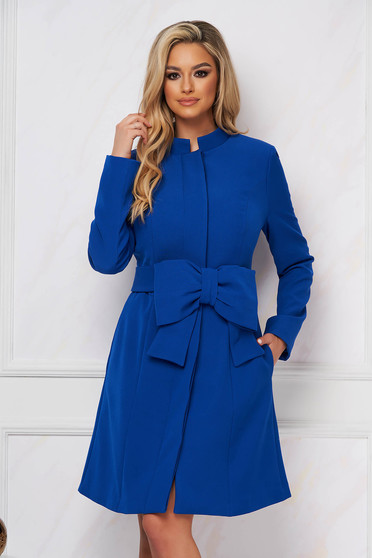 Paltoane dama, din stofa, Pardesiu Artista albastru elegant in clos din stofa accesorizat cu cordon si fundita - StarShinerS.ro