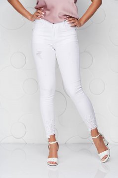 White jeans denim skinny jeans high waisted with small beads embellished details