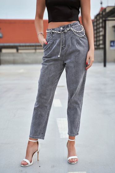 Pantaloni & Blugi, de blugi, marimea XL, Blugi SunShine gri din denim cu talie inalta si curea din margele - StarShinerS.ro