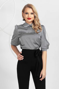 From satin loose fit with puffed sleeves women`s blouse dogtooth black