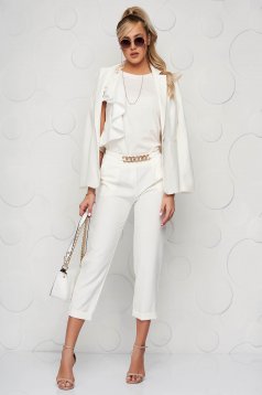 Pantaloni SunShine albi din material neelastic cu croi larg accesorizat cu lant metalic