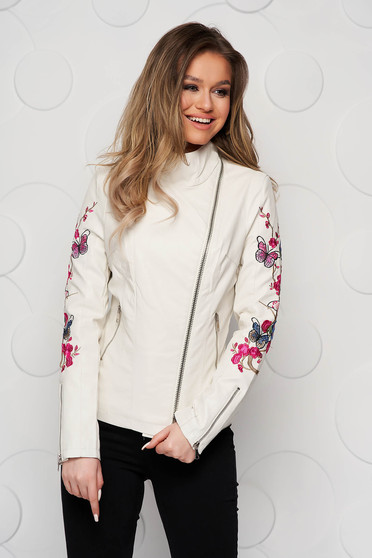 Ivory jacket from ecological leather tented with embroidery details with turtle neck