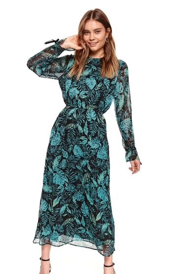 Maxi dresses, With floral print from veil fabric cloche with elastic waist with inside lining black dress - StarShinerS.com