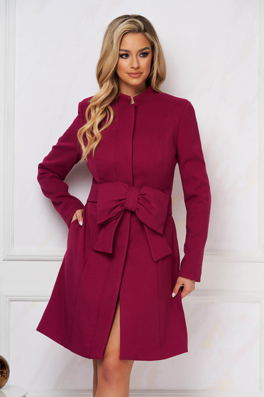Overcoats, Raspberry overcoat tented short cut elegant accessorized with tied waistband bow accessory - StarShinerS.com