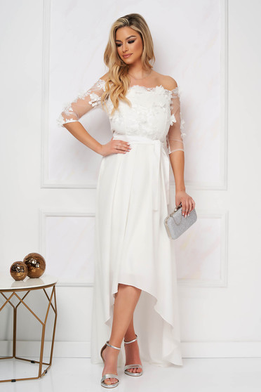 StarShinerS ivory occasional asymmetrical cloche dress accessorized with tied waistband laced