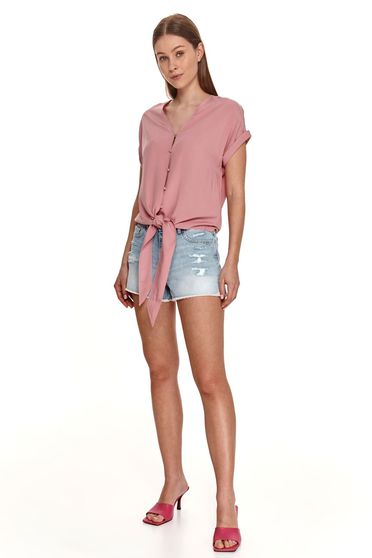 Pink women`s shirt loose fit with v-neckline