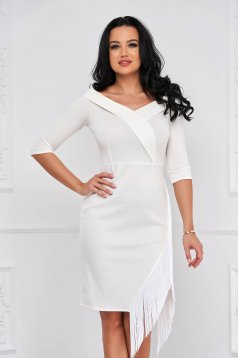 Ivory Elastic Material Short Pencil Type Asymmetric Dress with Fringes - Artista
