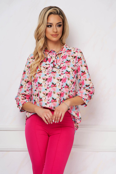 Bluze, Bluza dama StarShinerS roz prafuit office cu croi larg material subtire cu guler tip esarfa cu imprimeu floral - StarShinerS.ro