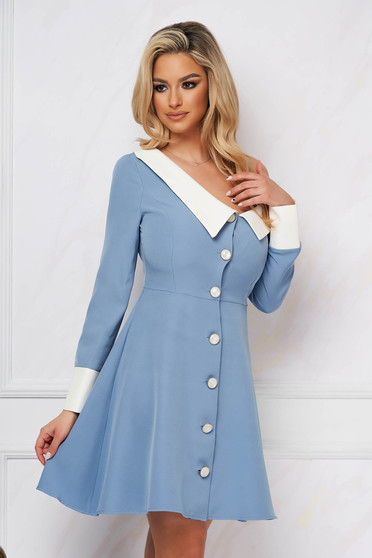 Blézer típusú ruhák, Kék egy vállas galléros alkalmi harang ruha gomb kiegészítőkkel - StarShiner.hu