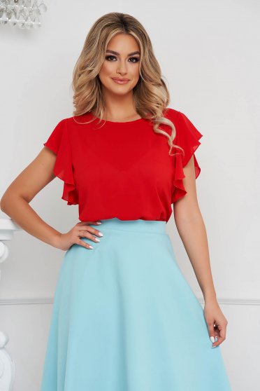 Elegant Blouses, StarShinerS red women`s blouse elegant with ruffle details loose fit with rounded cleavage - StarShinerS.com
