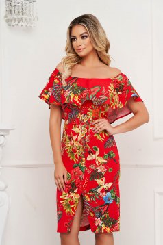 Elegant pencil dress StarShinerS slightly elastic fabric midi with ruffles on the chest off-shoulder