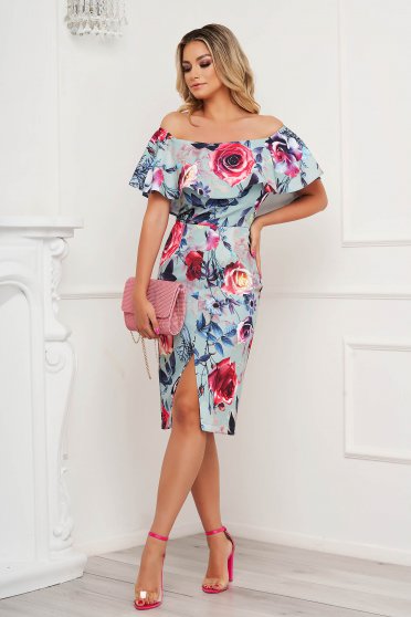 Elegant pencil dress StarShinerS slightly elastic fabric midi with ruffles on the chest off-shoulder