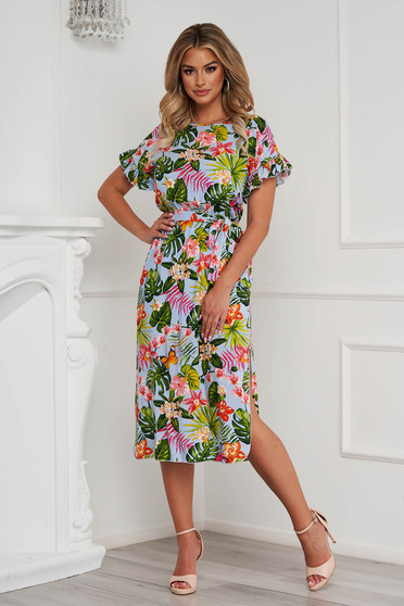 StarShinerS dress with floral print straight accessorized with tied waistband