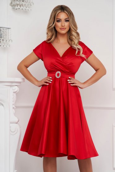 Taffeta dresses, Red cloche wrap over front dress midi elegant - StarShinerS.com