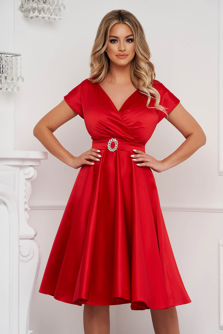 Red cloche wrap over front dress midi elegant