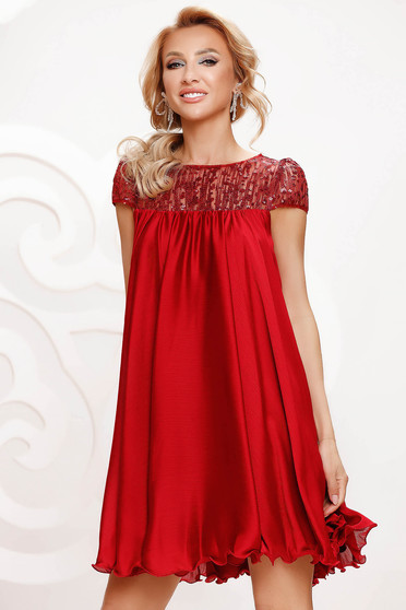 Burgundy dress from veil fabric occasional with lace details with crystal embellished details loose fit