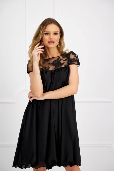 Maternity dresses, Black dress from veil fabric occasional with lace details with crystal embellished details loose fit - StarShinerS.com