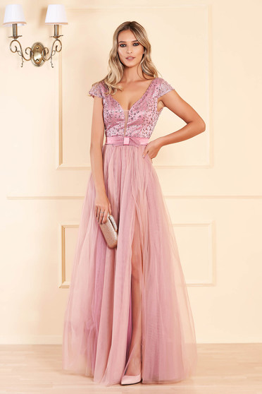 Long dresses, Lightpink dress from tulle cloche occasional slit with sequin embellished details - StarShinerS.com
